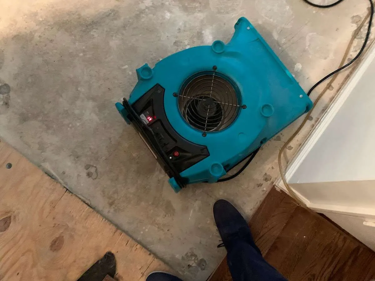 Air mover drying subfloor during Commercial Water Damage Restoration in Scenic Oaks